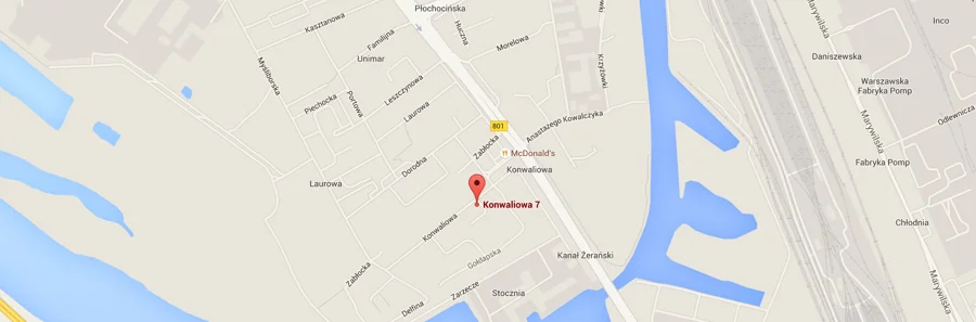 Mapa ulic przy Konwaliowej 7 w Warszawie z oznaczeniem adresu